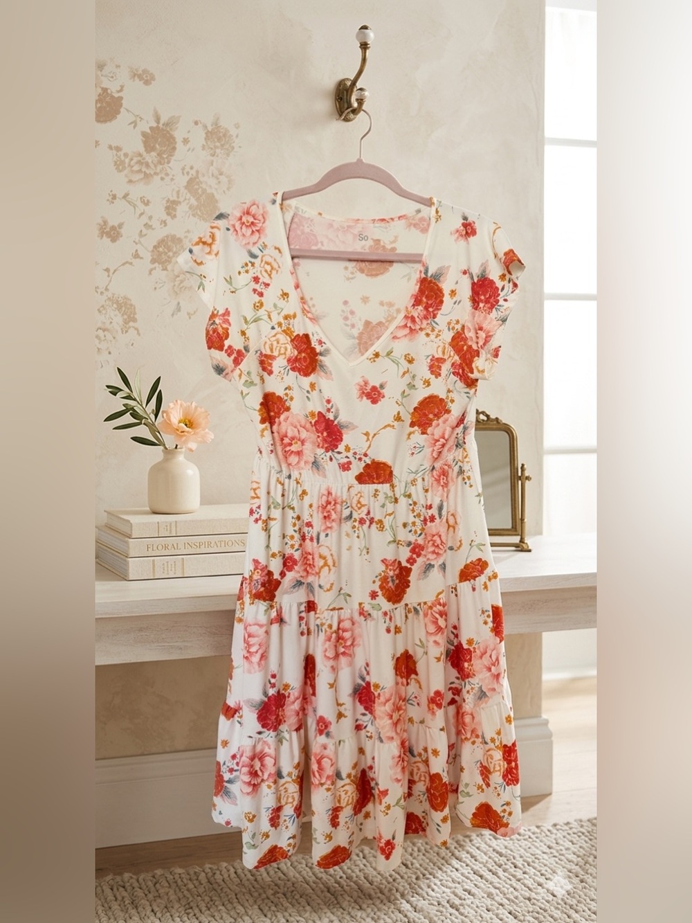 SO Floral V-Neck Maxi Dress in White, Coral & Pink